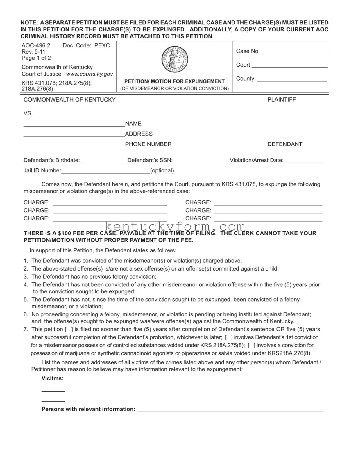Expungement Paperwork PDF Template