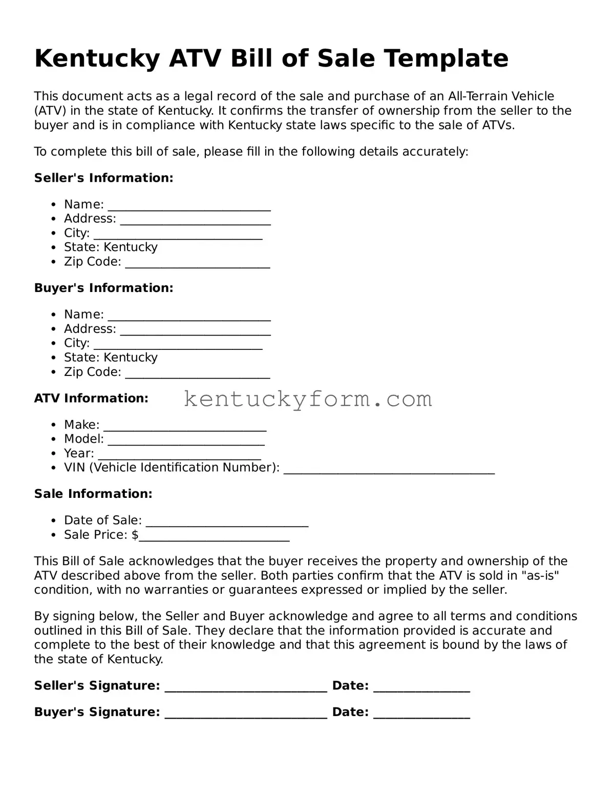 Free ATV Bill of Sale Form for the State of Kentucky