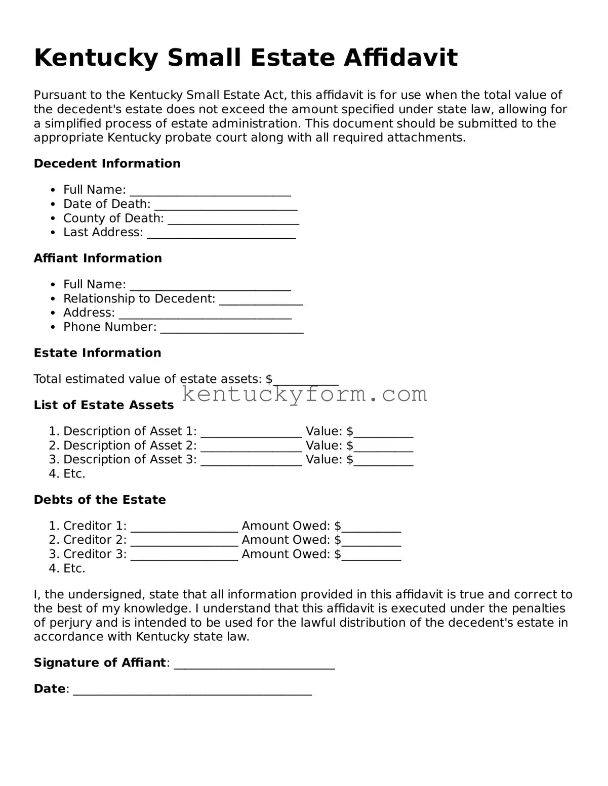 Free Small Estate Affidavit Form for the State of Kentucky