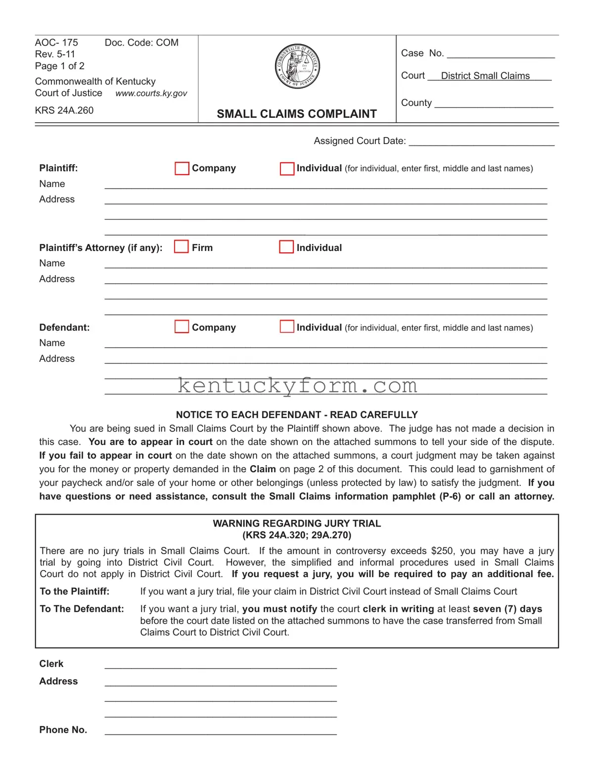 Kentucky Aoc 175 PDF Template