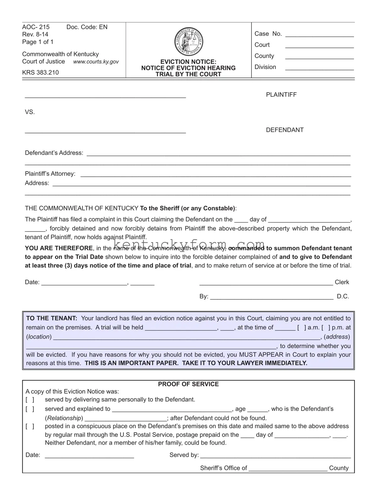 Kentucky Aoc 215 PDF Template