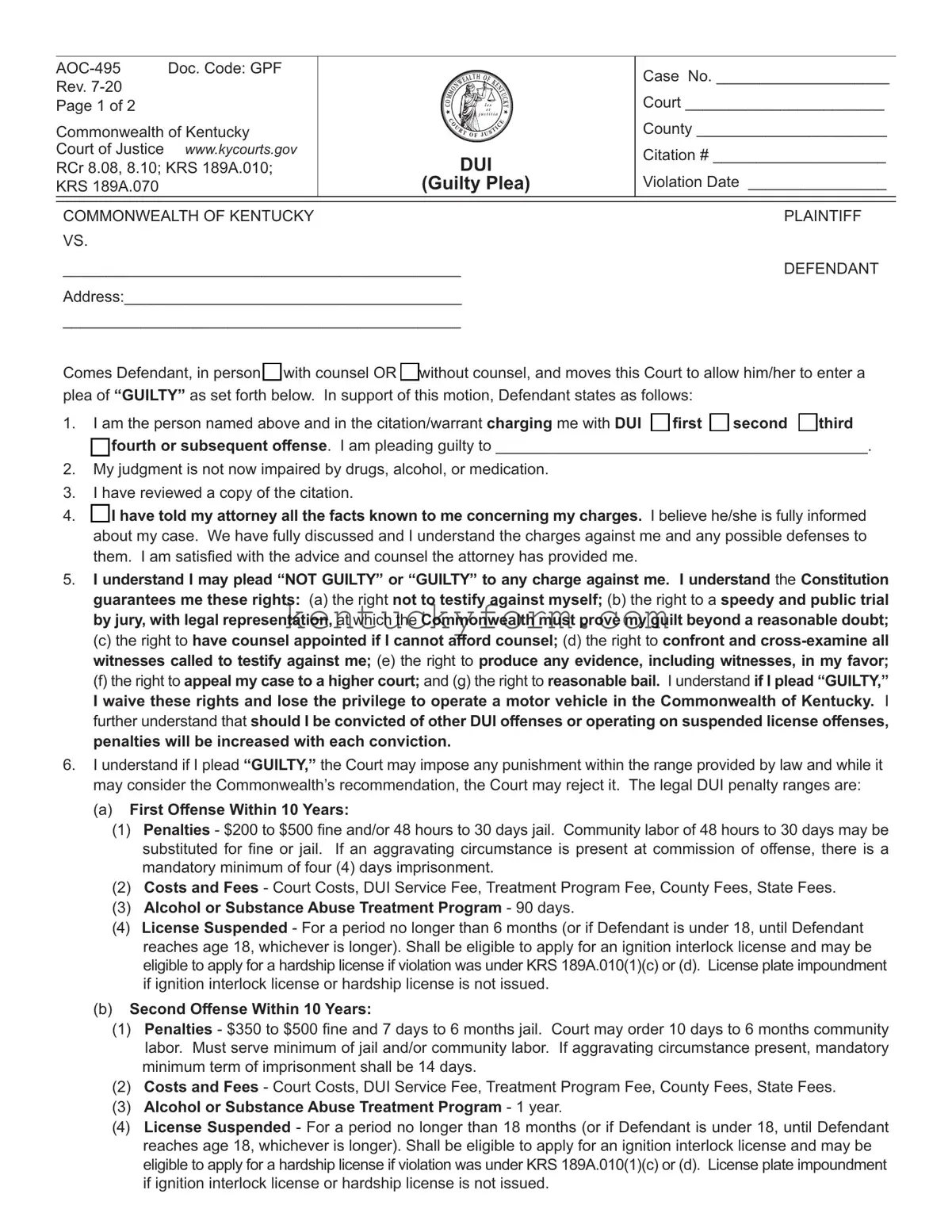 Kentucky Aoc 495 PDF Template