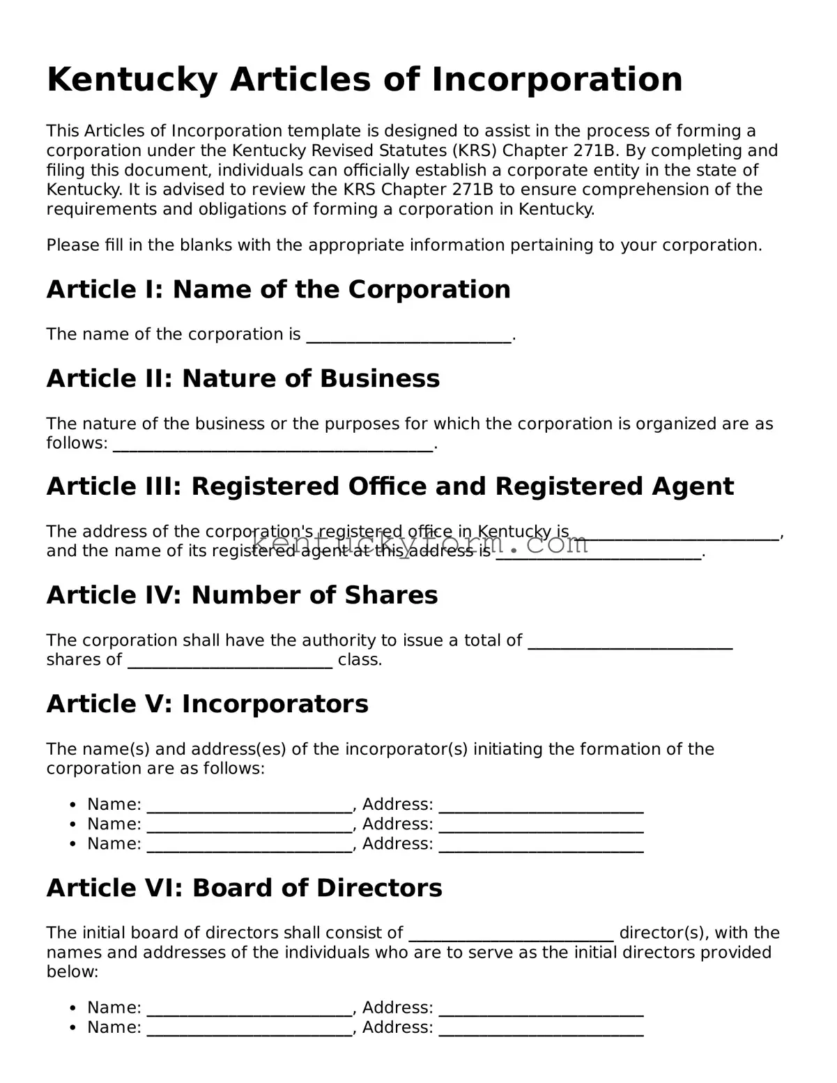 Free Articles of Incorporation Form for the State of Kentucky