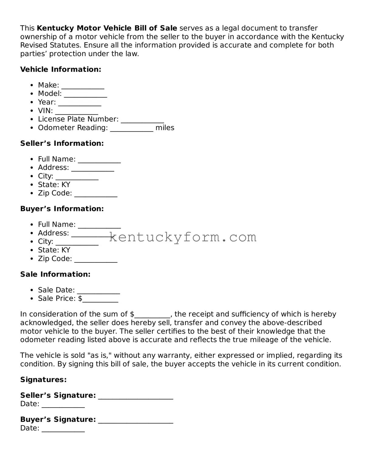 Free Motor Vehicle Bill of Sale Form for the State of Kentucky