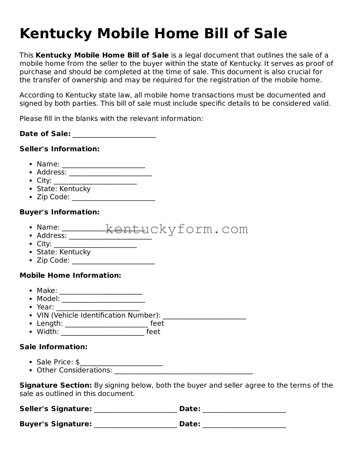 Free Mobile Home Bill of Sale Form for the State of Kentucky
