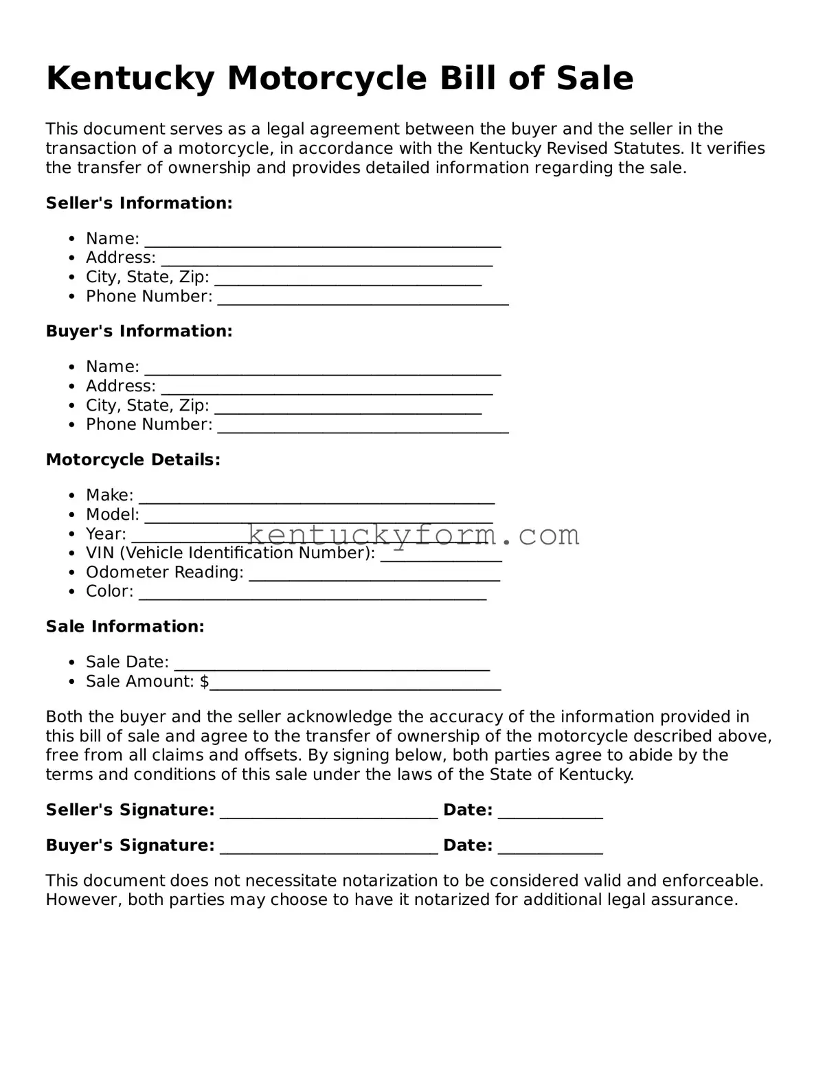 Free Motorcycle Bill of Sale Form for the State of Kentucky