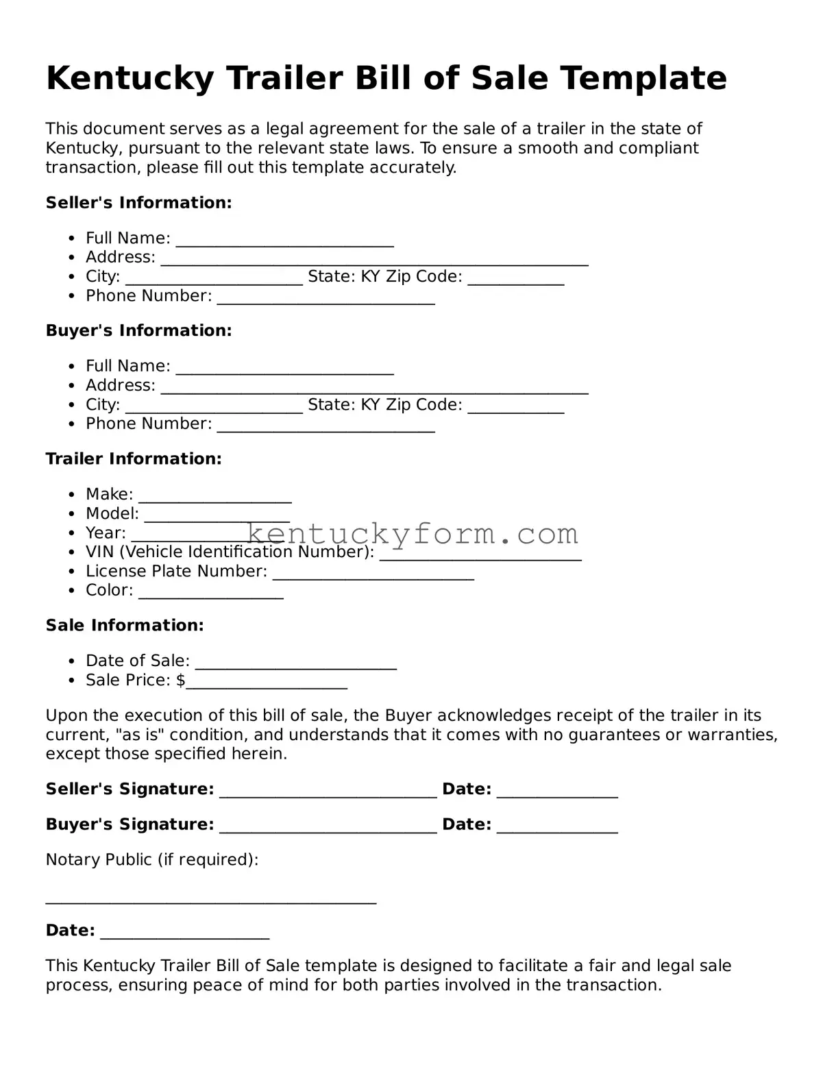 Free Trailer Bill of Sale Form for the State of Kentucky