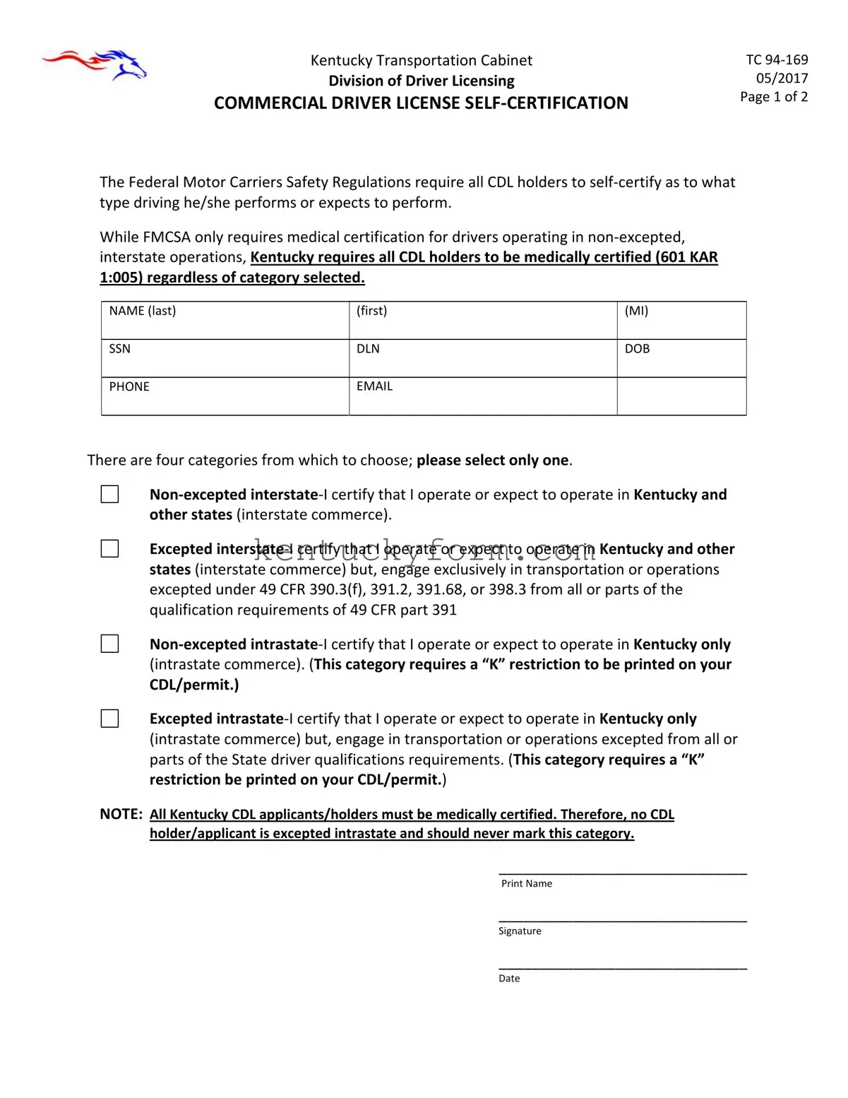 Kentucky Cdl Self Certification PDF Template