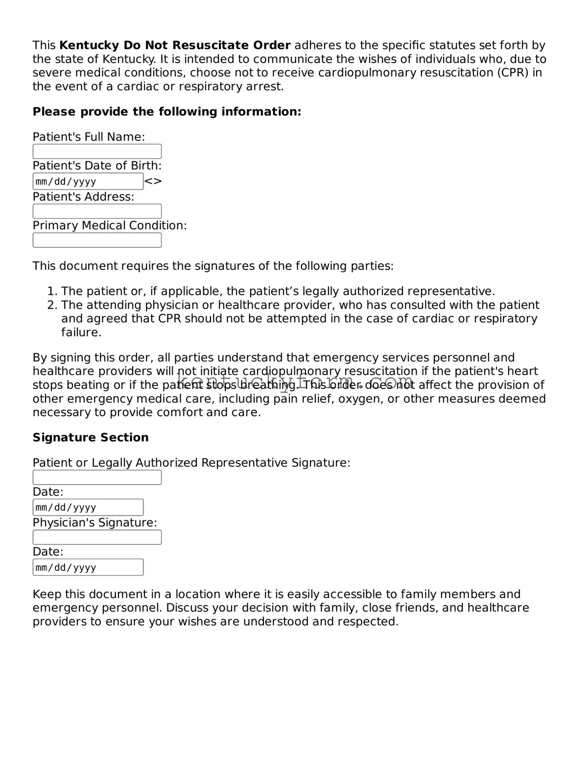 Free Do Not Resuscitate Order Form for the State of Kentucky