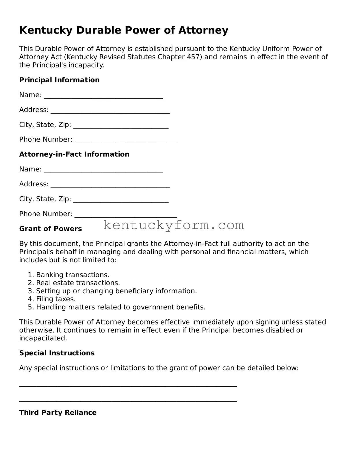 Free Durable Power of Attorney Form for the State of Kentucky