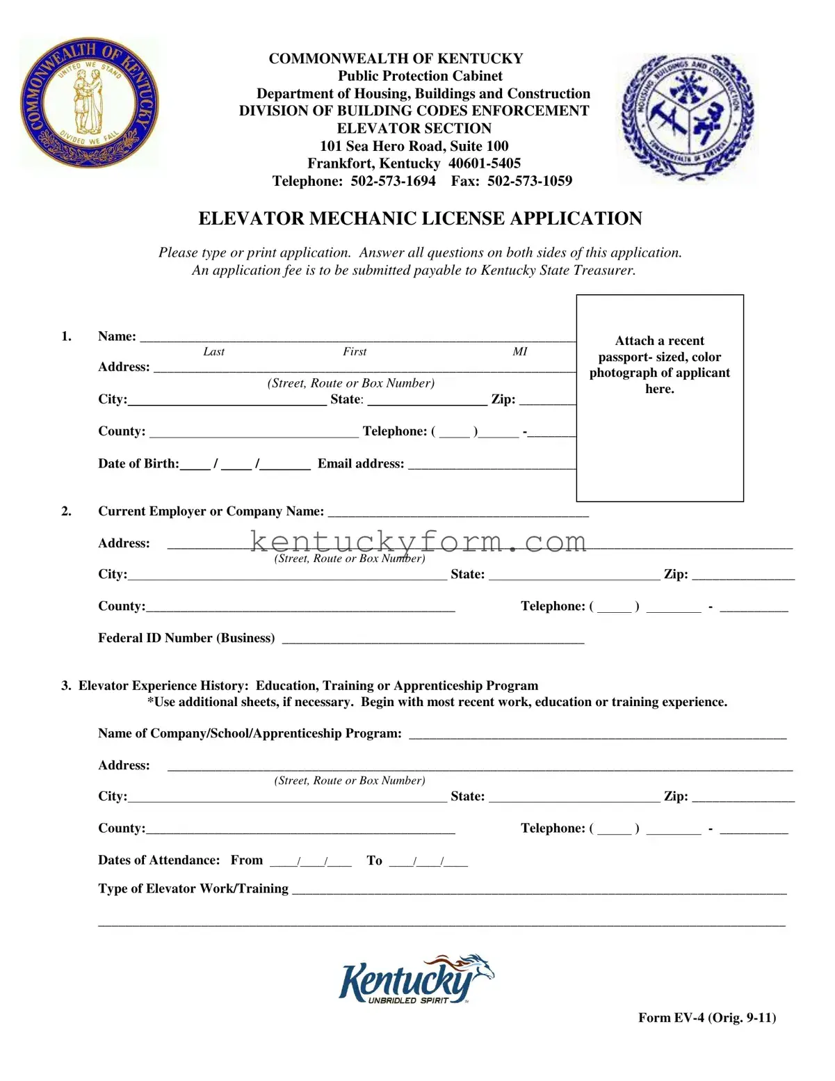 Kentucky Elevator Mechanic License PDF Template