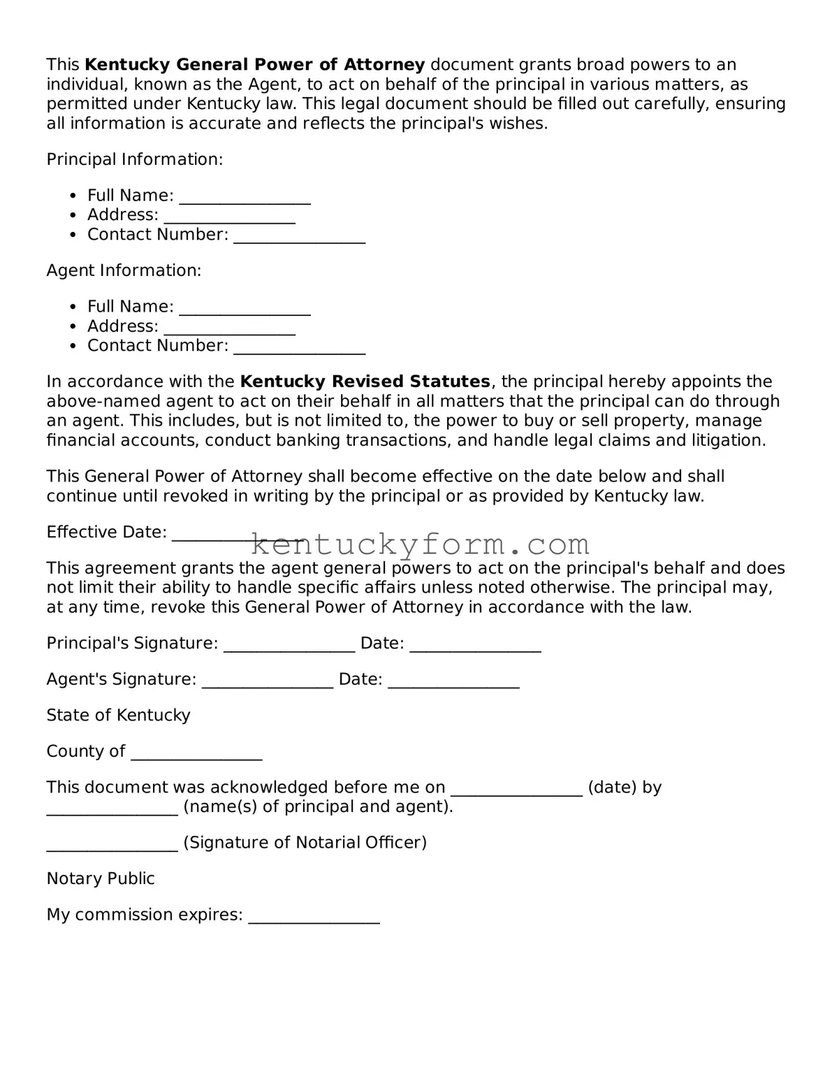 Free General Power of Attorney Form for the State of Kentucky