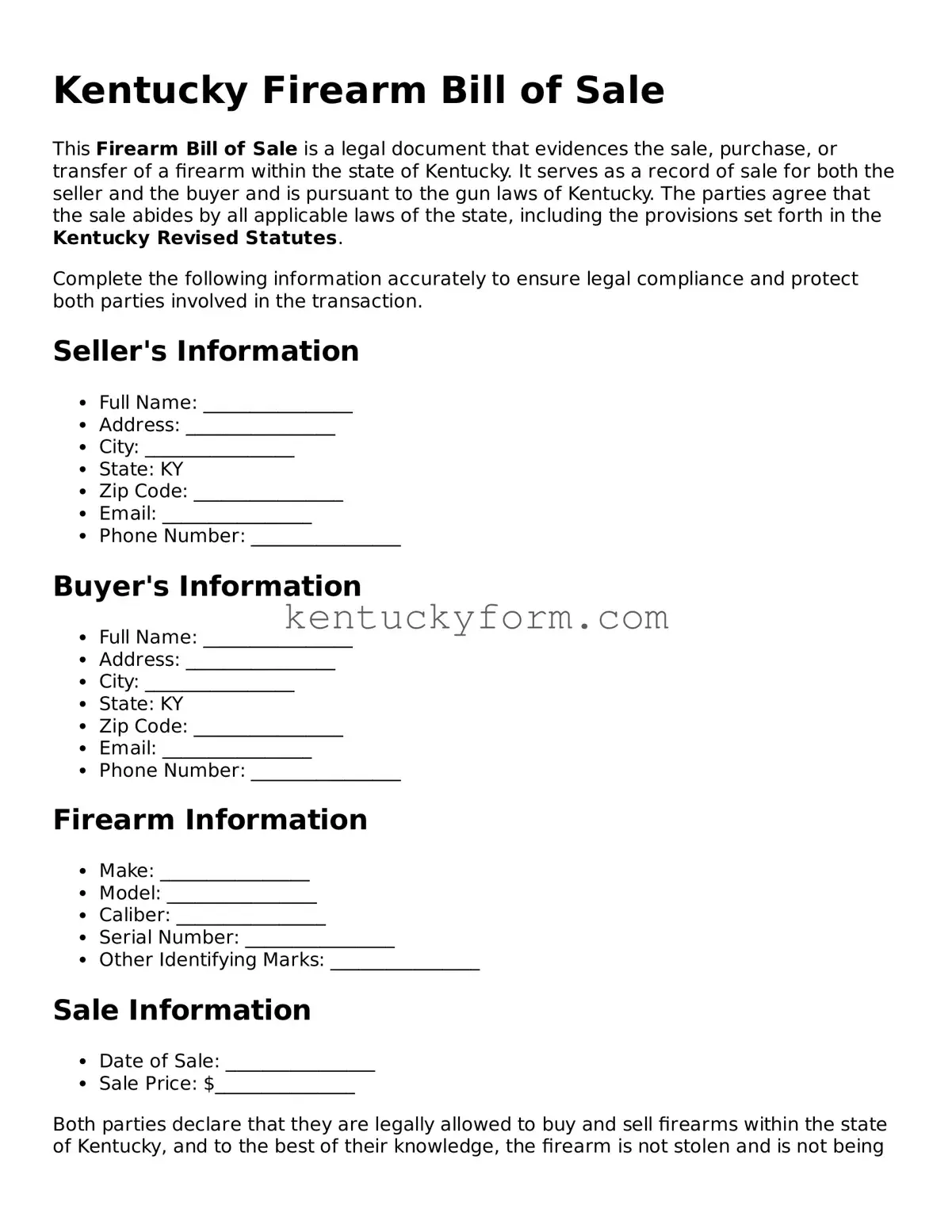 Free Firearm Bill of Sale Form for the State of Kentucky