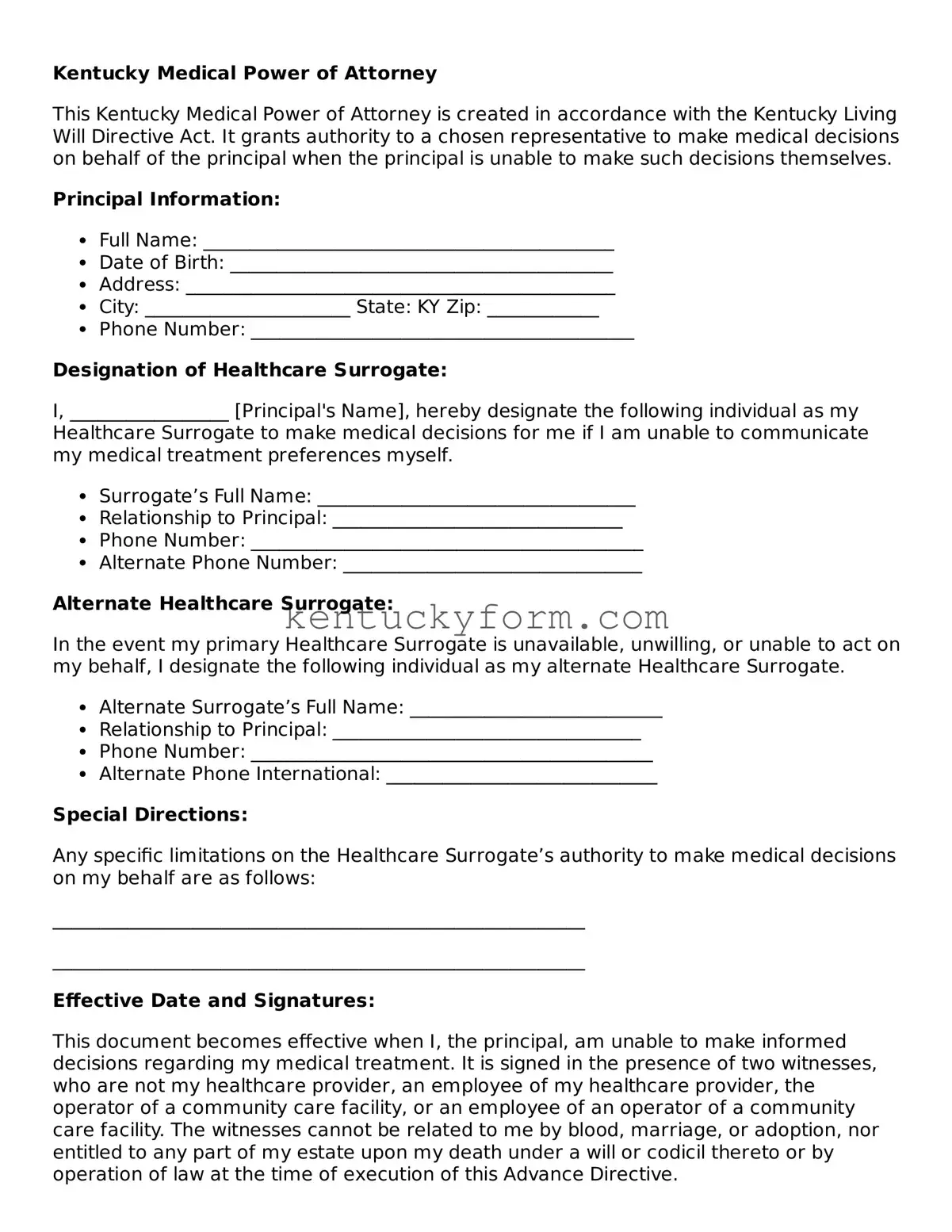 Free Medical Power of Attorney Form for the State of Kentucky