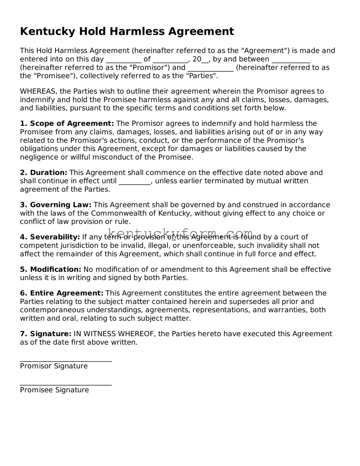 Free Hold Harmless Agreement Form for the State of Kentucky