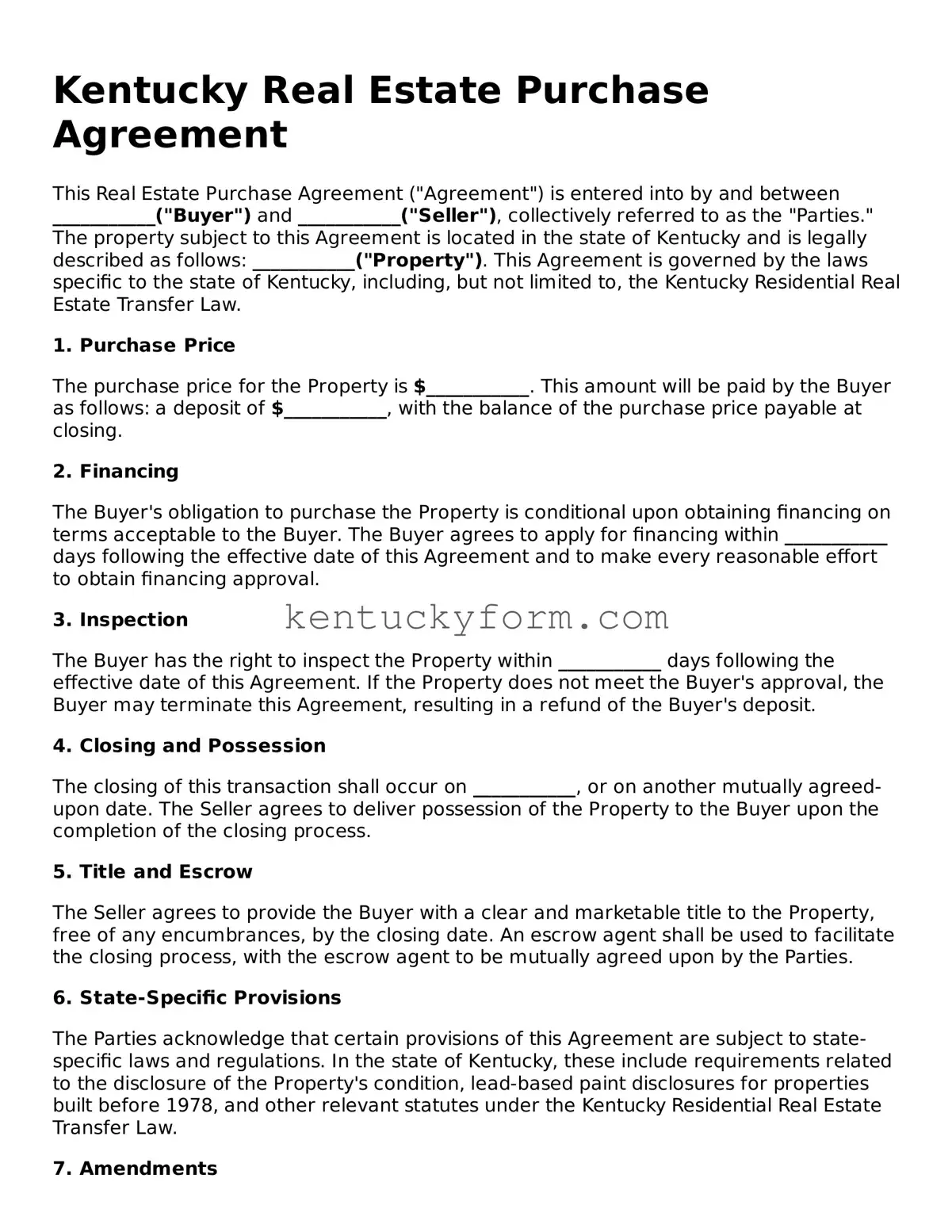 Free Real Estate Purchase Agreement Form for the State of Kentucky