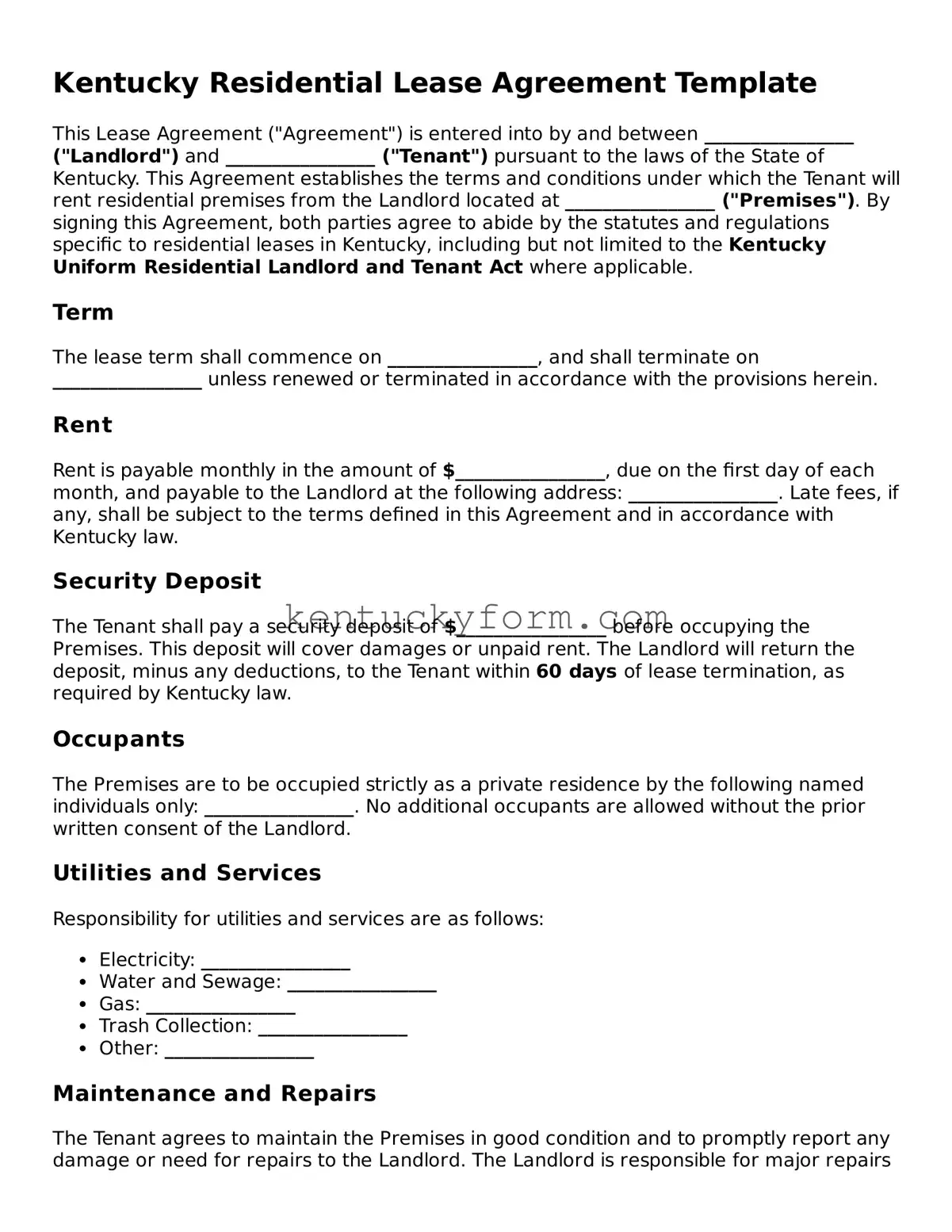 Free Residential Lease Agreement Form for the State of Kentucky