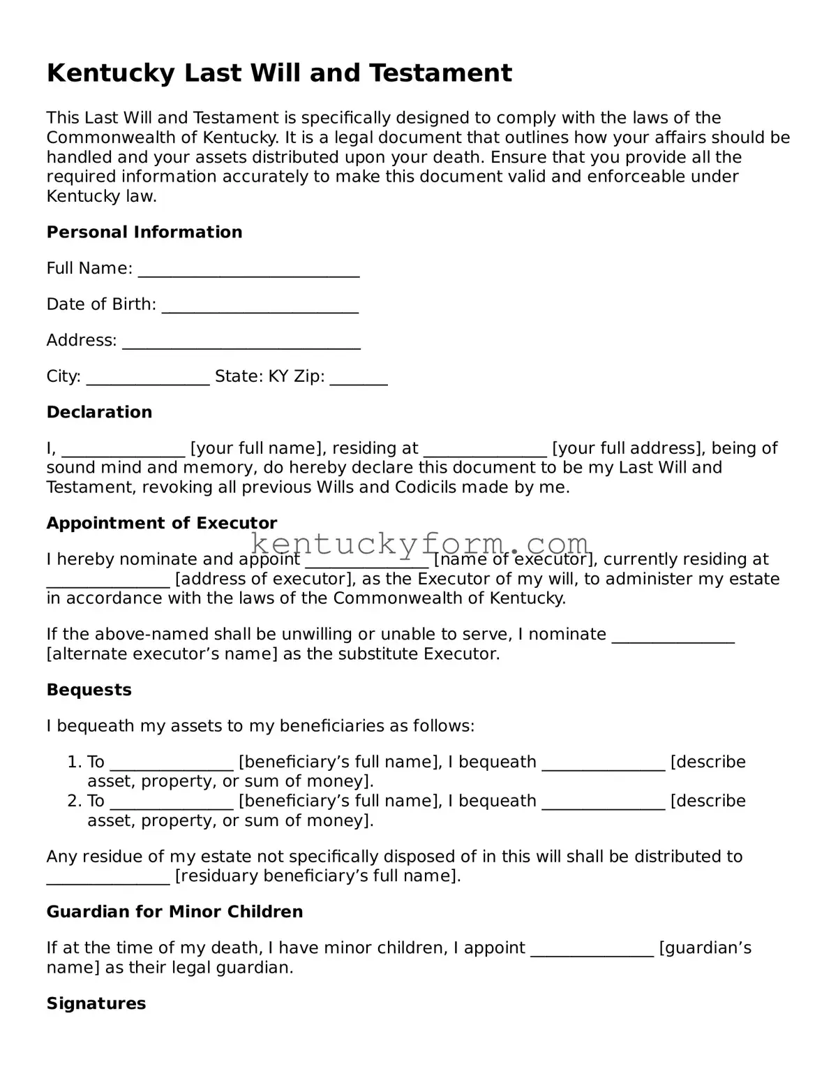 Free Last Will and Testament Form for the State of Kentucky