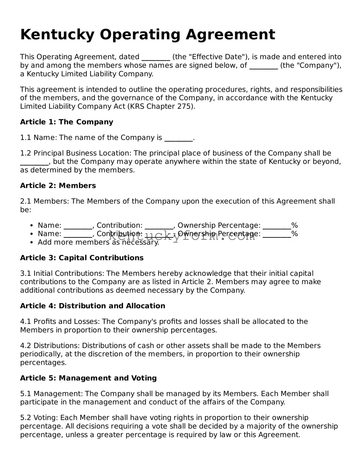 Free Operating Agreement Form for the State of Kentucky