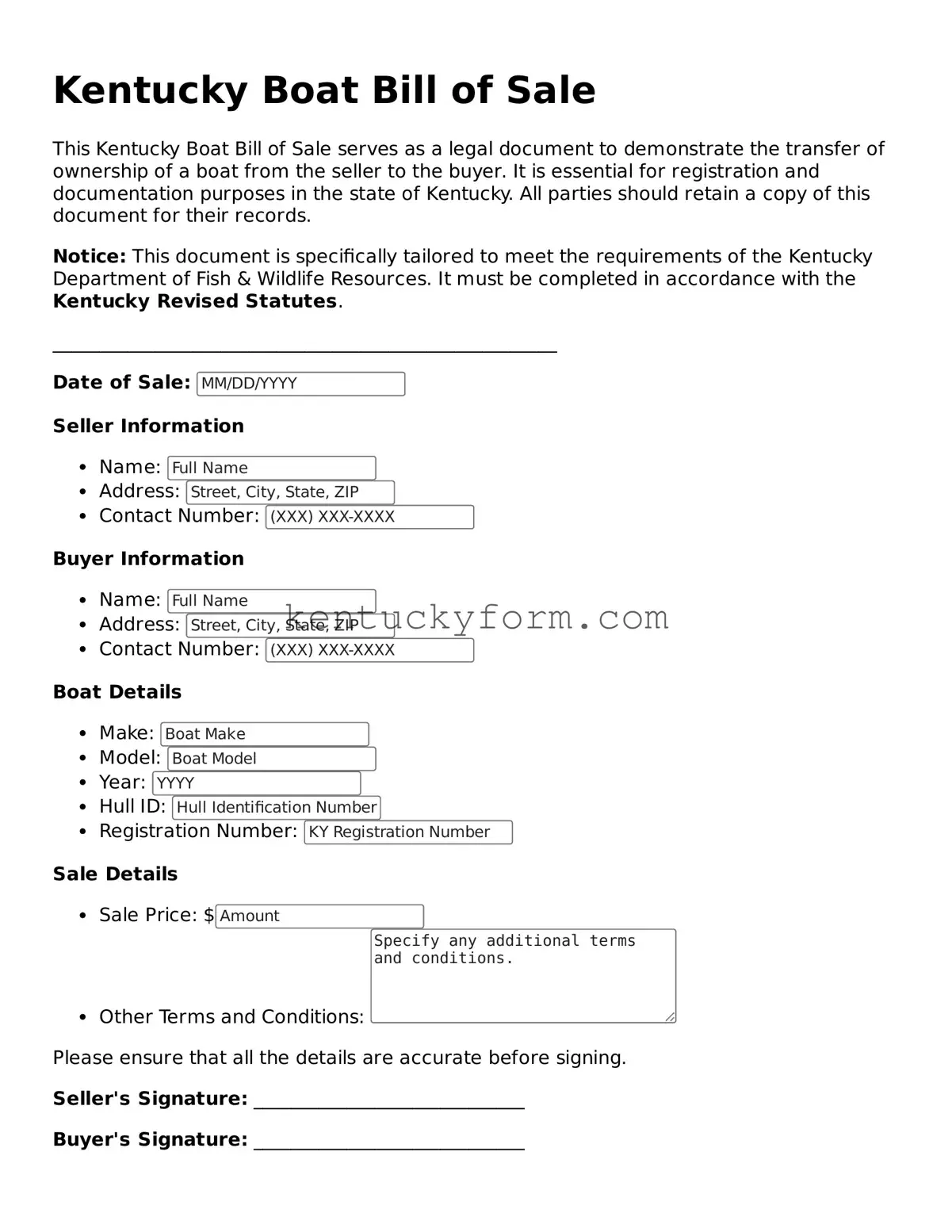 Free Boat Bill of Sale Form for the State of Kentucky