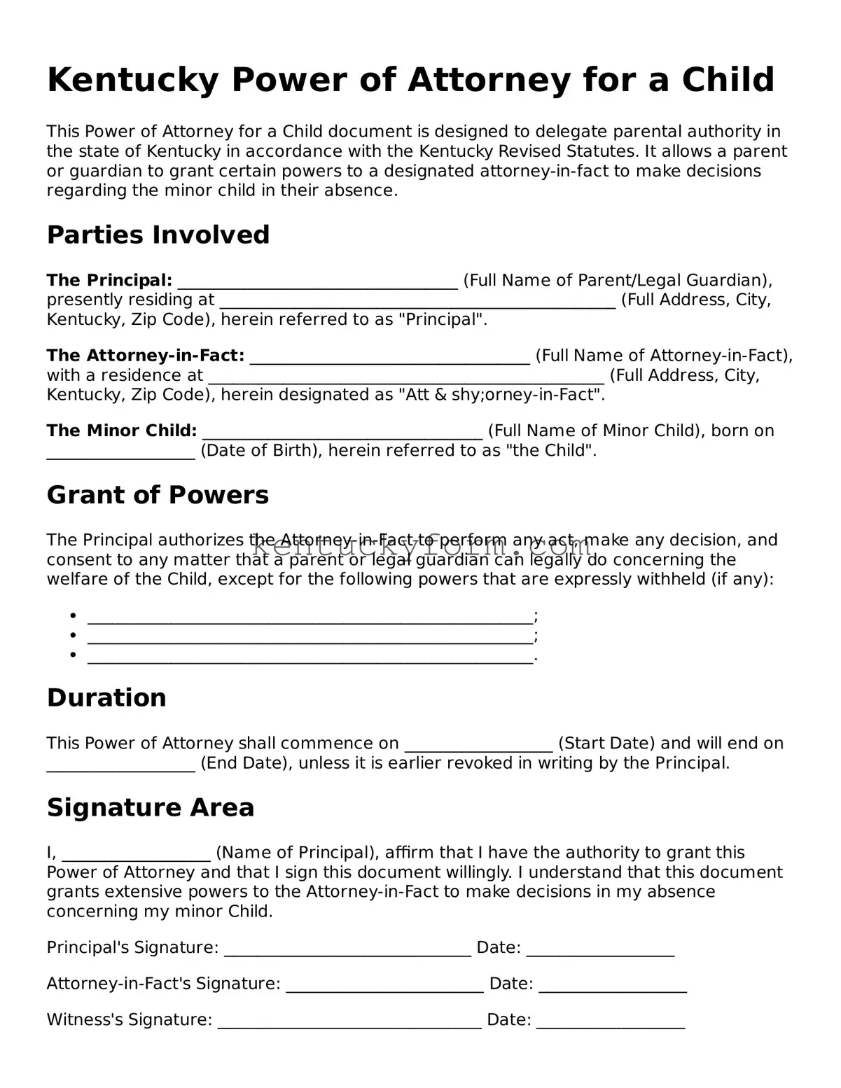 Free Power of Attorney for a Child Form for the State of Kentucky