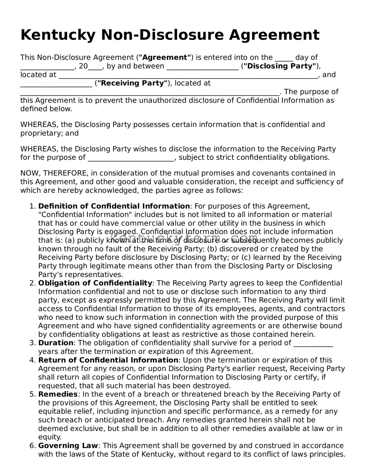 Free Non-disclosure Agreement Form for the State of Kentucky