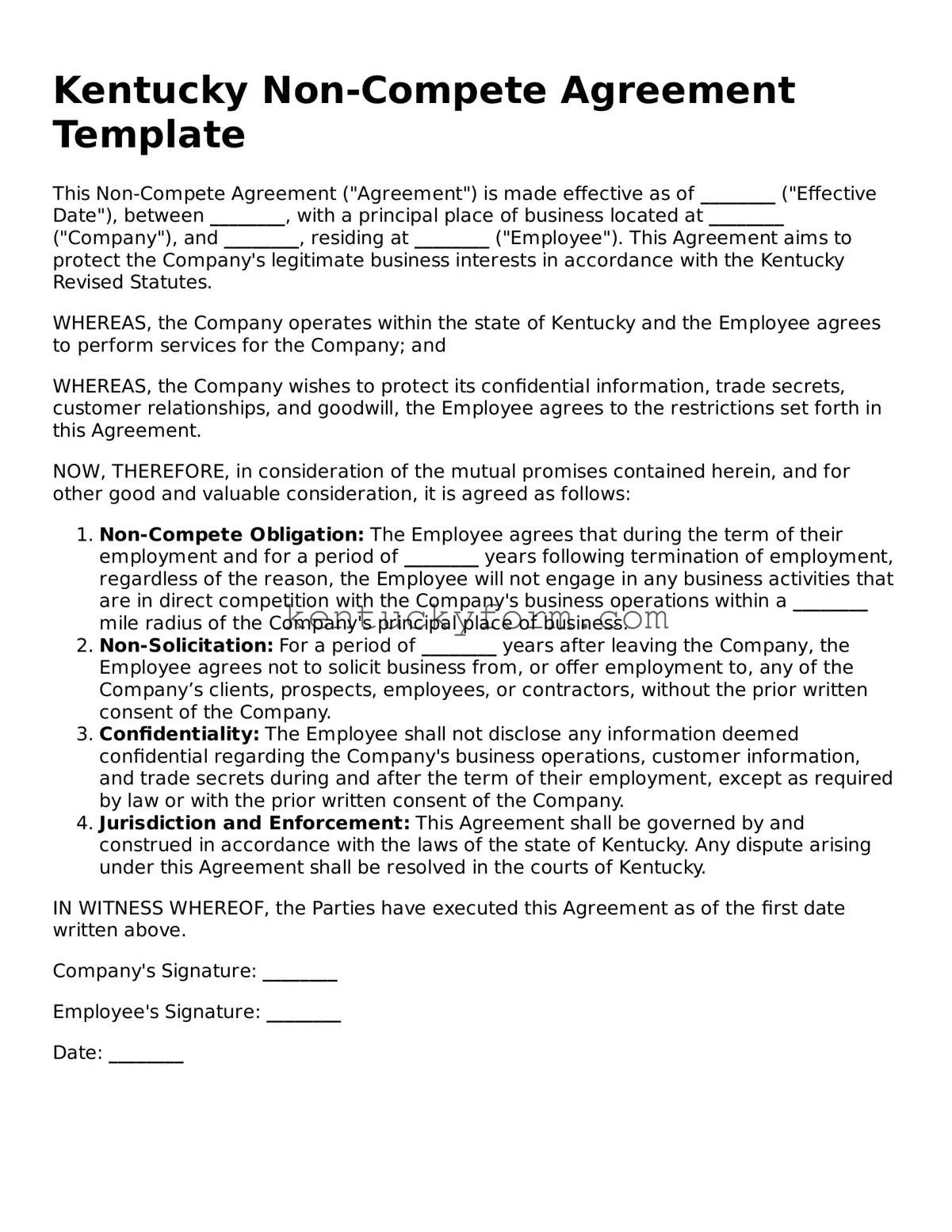 Free Non-compete Agreement Form for the State of Kentucky