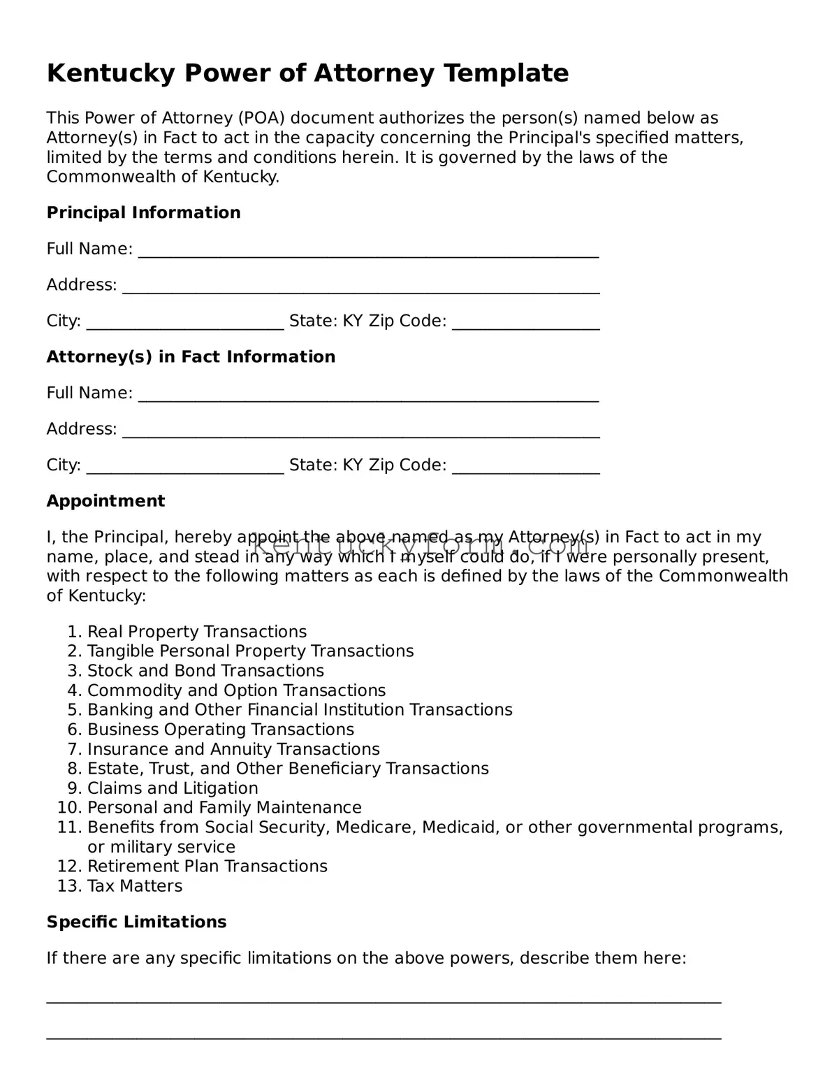 Free Power of Attorney Form for the State of Kentucky