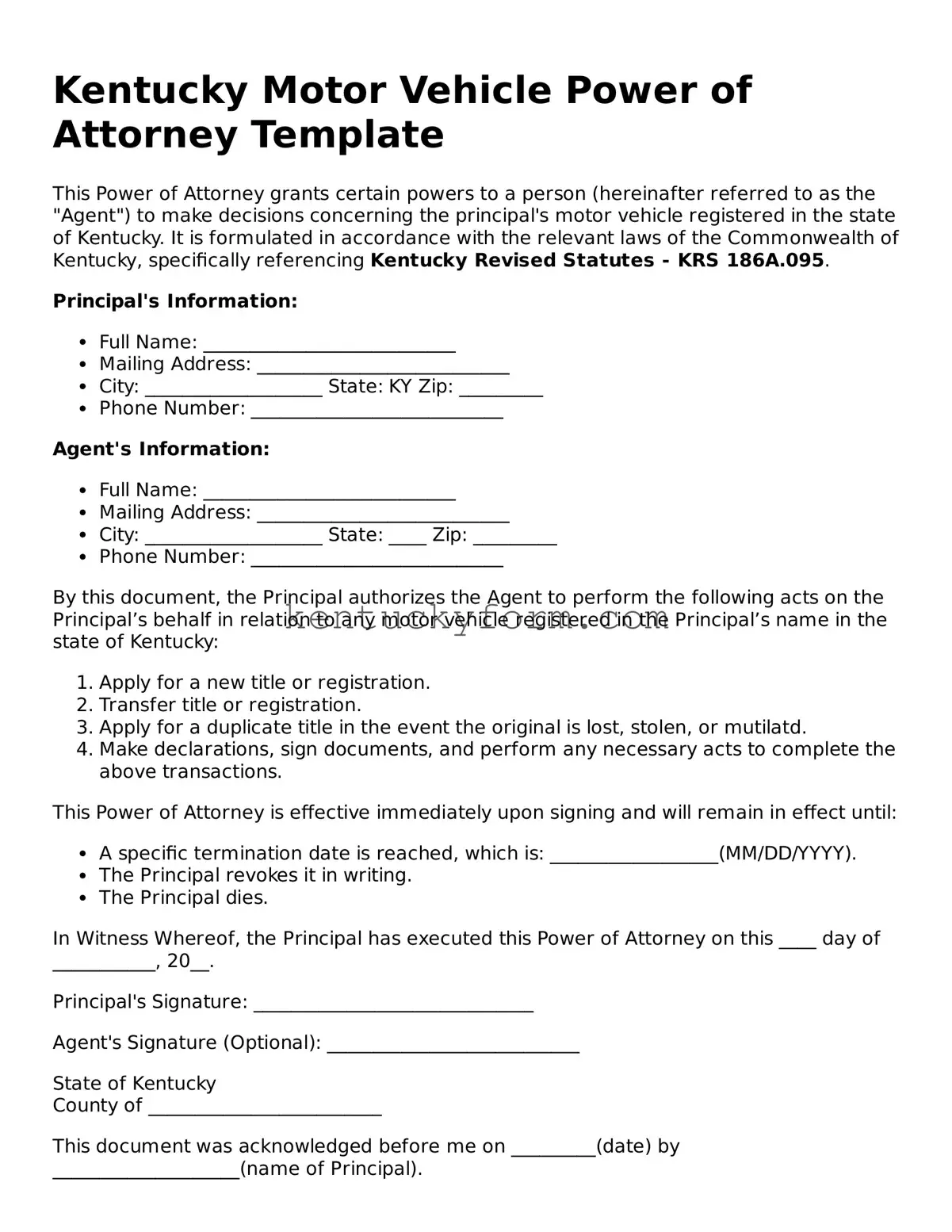 Free Motor Vehicle Power of Attorney Form for the State of Kentucky
