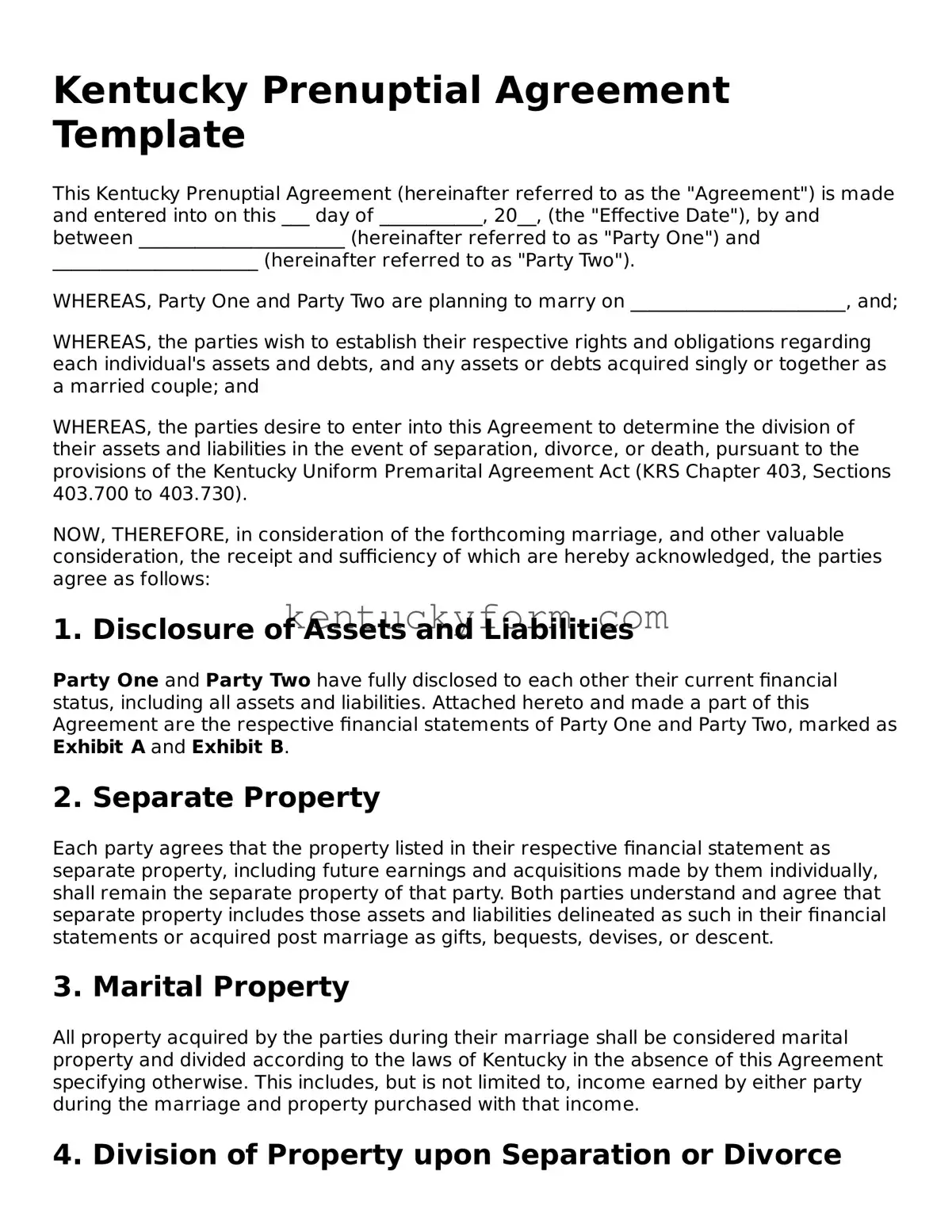 Free Prenuptial Agreement Form for the State of Kentucky