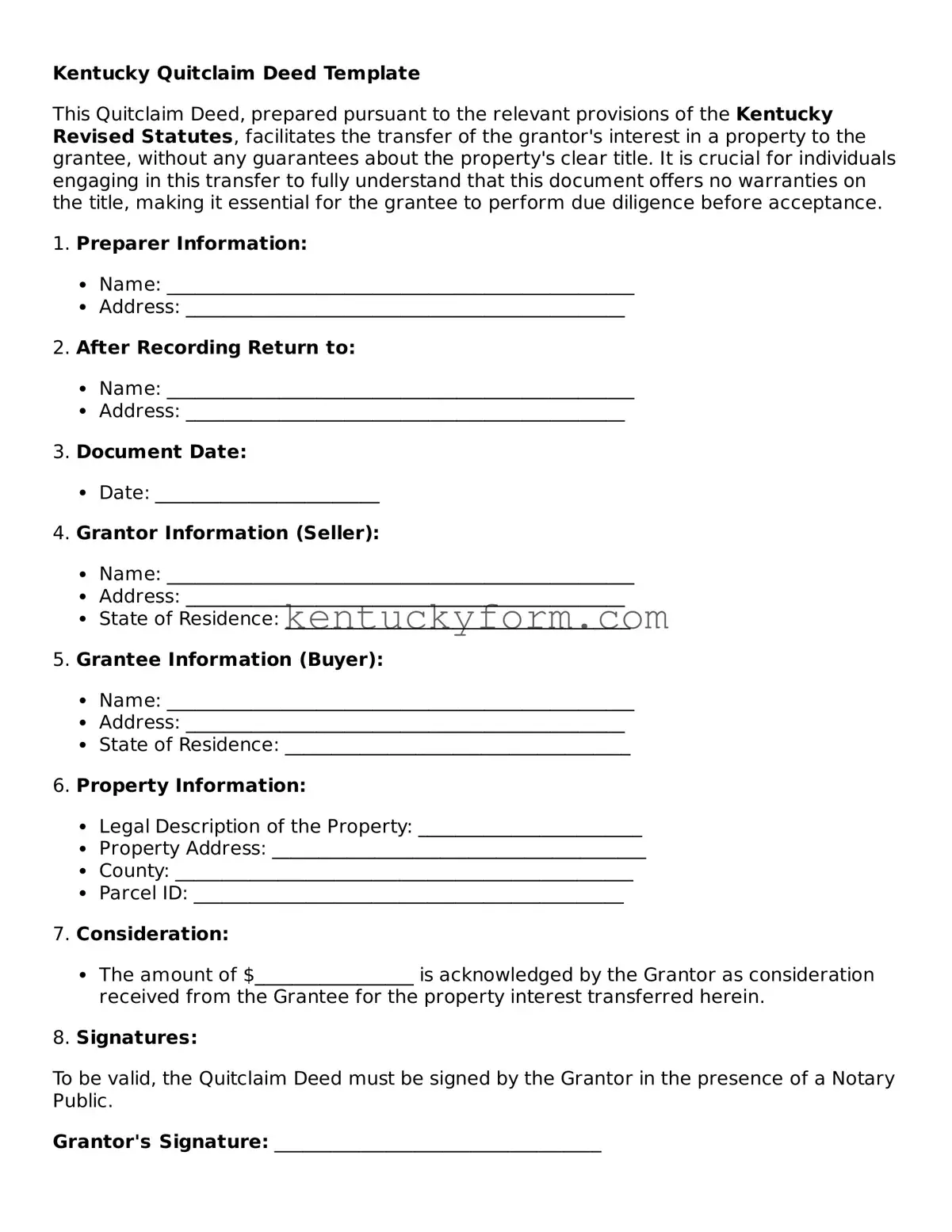 Free Quitclaim Deed Form for the State of Kentucky