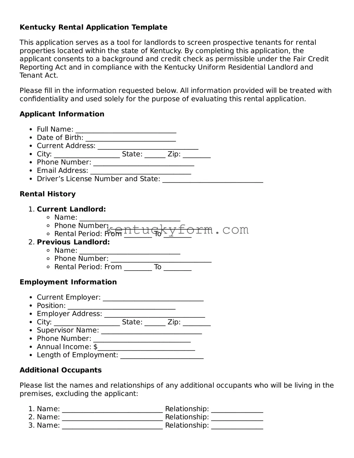 Free Rental Application Form for the State of Kentucky