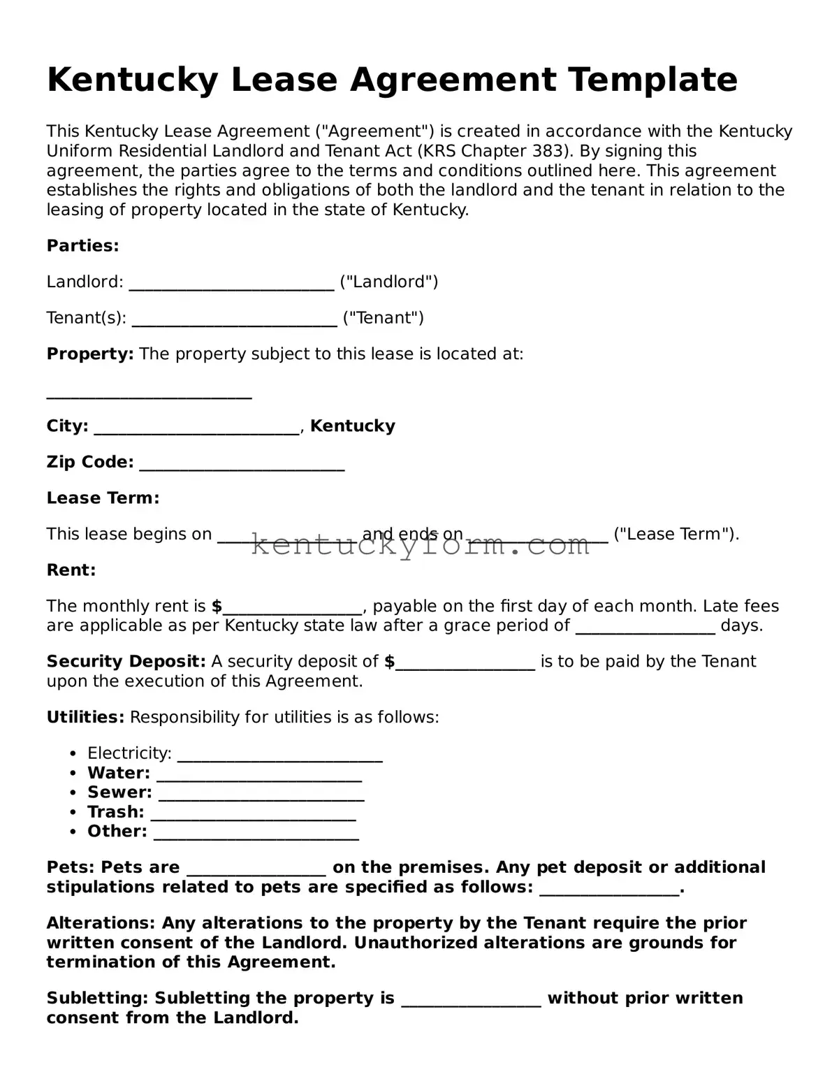 Free Lease Agreement Form for the State of Kentucky