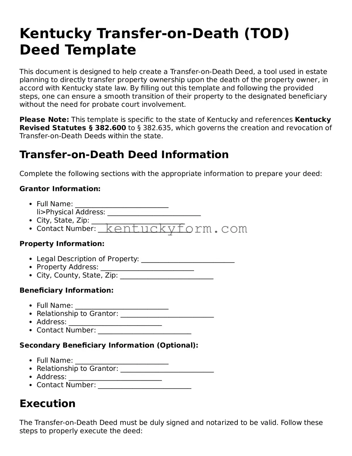 Free Transfer-on-Death Deed Form for the State of Kentucky