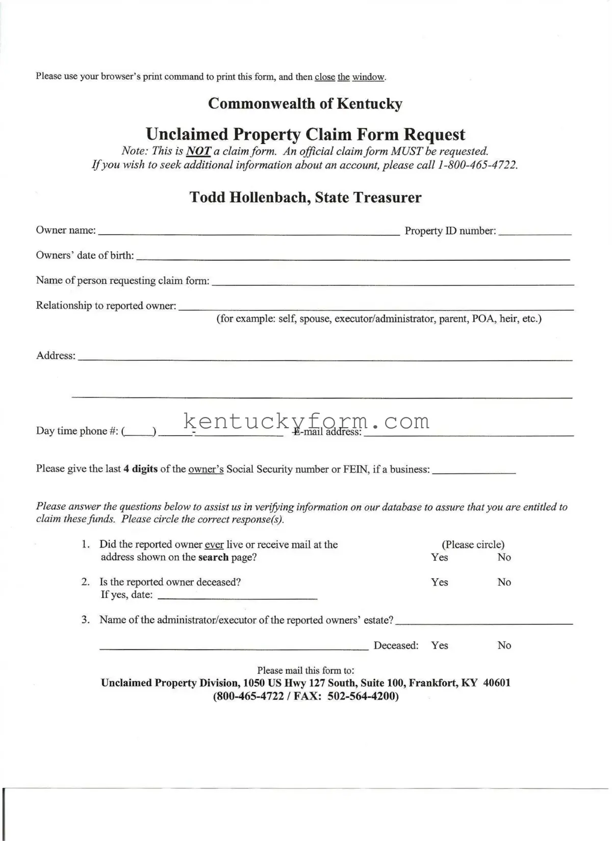 Kentucky Unclaimed Property Reporting PDF Template