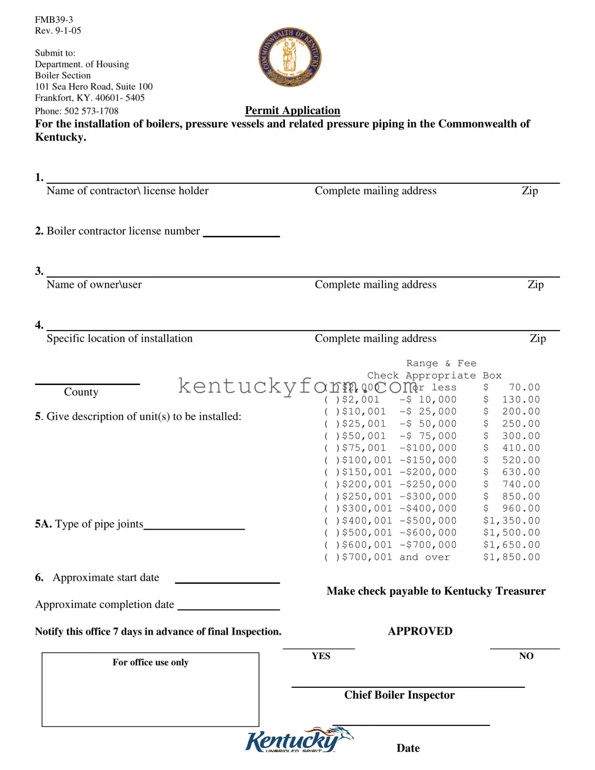 Ky Boiler Permit Application PDF Template
