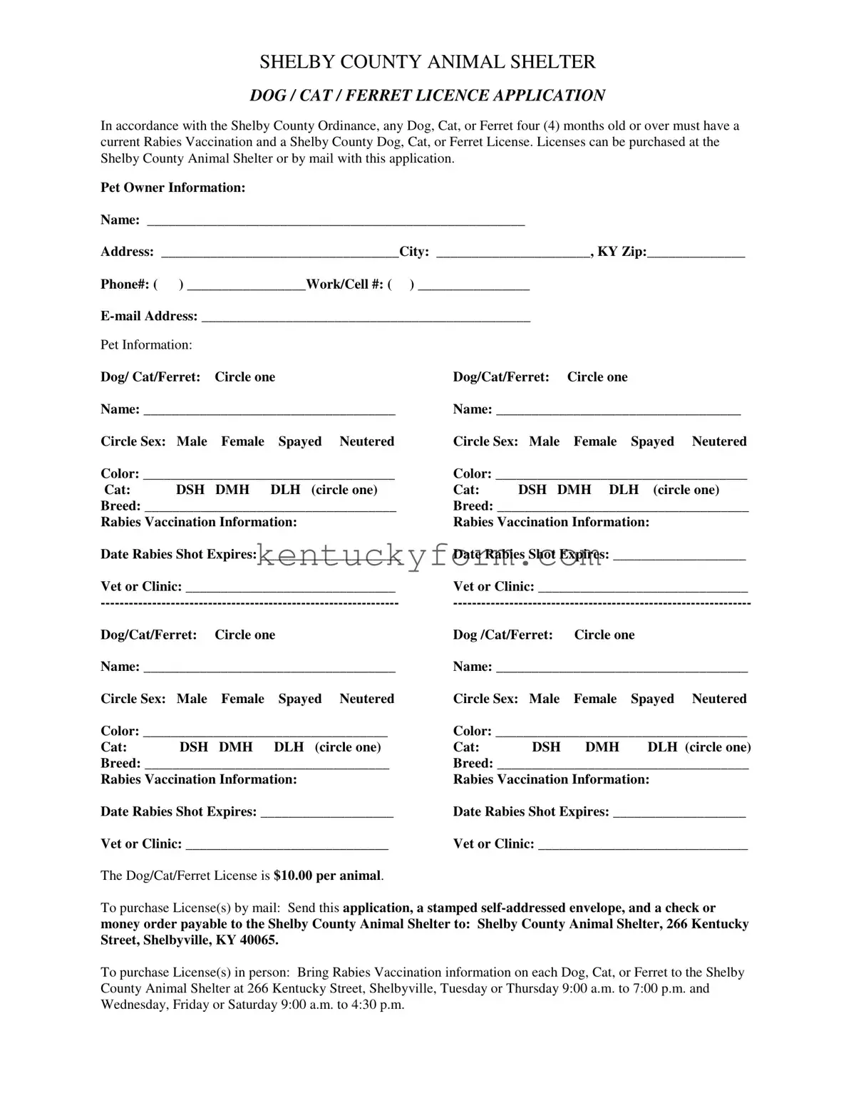 Ky Dog License Shelby County PDF Template