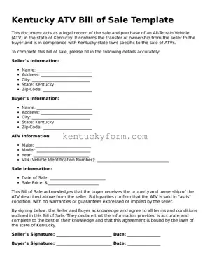 Free ATV Bill of Sale Form for the State of Kentucky