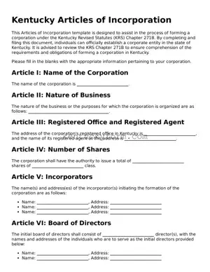 Free Articles of Incorporation Form for the State of Kentucky