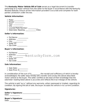 Free Motor Vehicle Bill of Sale Form for the State of Kentucky