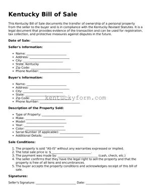 Free Bill of Sale Form for the State of Kentucky