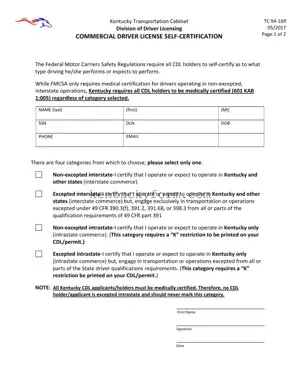 Kentucky Cdl Self Certification PDF Template