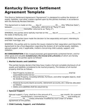 Free Divorce Settlement Agreement Form for the State of Kentucky
