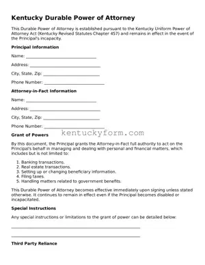 Free Durable Power of Attorney Form for the State of Kentucky