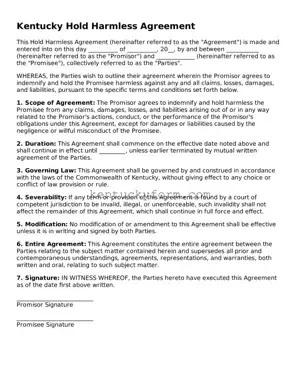 Free Hold Harmless Agreement Form for the State of Kentucky