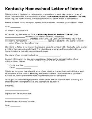 Free Homeschool Letter of Intent Form for the State of Kentucky