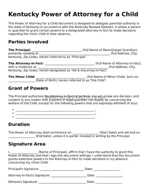 Free Power of Attorney for a Child Form for the State of Kentucky