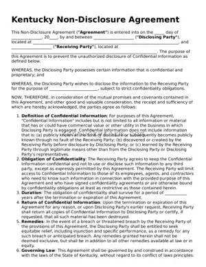 Free Non-disclosure Agreement Form for the State of Kentucky
