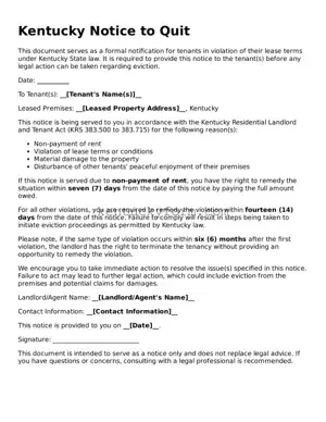 Free Notice to Quit Form for the State of Kentucky