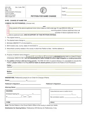 Kentucky Petition Name Change PDF Template